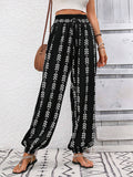 High Waisted Loose Drawstring Elasticity Pleated Printed Knickerbockers Pants Trousers