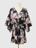 Momentlover Leaves Print Drawstring Buttoned Loose Half Sleeves V-Neck Mini Dresses