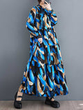 Momentlover Split-Joint Printed Buttoned Loose Long Sleeves Stand Collar Shirt Dress Maxi Dresses