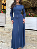 Momentlover Striped Solid Color Skinny Long Sleeves Round-Neck Maxi Dresses