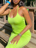 Momentlover Split-Side Split-Joint Solid Color Pleated Backless Sleeveless Skinny Halter-Neck Maxi Dresses