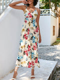 Momentlover Flower Print Elasticity Sleeveless High Waisted V-Neck Midi Dresses