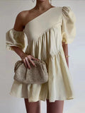 Momentlover Loose Puff Sleeves Asymmetric Solid Color One-Shoulder Mini Dresses