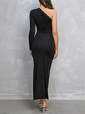 Momentlover Split-Side Solid Color Asymmetric Long Sleeves High Waisted One-Shoulder Maxi Dresses