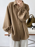 Momentlover Simple Loose Long Sleeves Buttoned Solid Color Textured Lapel Collar Blouses&Shirts Tops