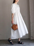 Momentlover Half Sleeves Puff Sleeves Breathable See-Through Solid Color Round-Neck Midi Dresses