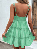 Momentlover A-Line High Waisted Backless Jacquard Solid Color Split-Joint Tied U-Neck Mini Dresses Slip Dress