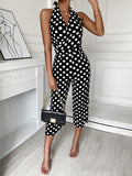 Momentlover Polka-Dot Backless Sleeveless Ninth Pants Halter-Neck Jumpsuits