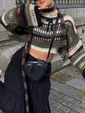Long Sleeves Loose Drawstring Hollow Split-Joint Round-Neck Sweater Tops