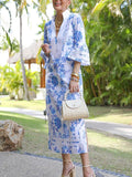 Momentlover Split-side Split-Joint Flower Print Three-quarter Sleeves Loose Deep V-Neck Midi Dresses