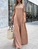 Momentlover Loose Sleeveless Pleated Pockets Solid Color High Neck Jumpsuits