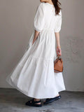 Momentlover Half Sleeves Puff Sleeves Breathable See-Through Solid Color Round-Neck Midi Dresses