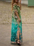Momentlover Split-side Printed Leopard Short Sleeves Loose V-neck Maxi Dresses Beach Cover-Up