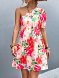 Momentlover Split-Joint Flower Print Short Sleeves Bishop Sleeve One-Shoulder Mini Dresses