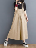 Momentlover Solid Color Buttoned Wide Leg Ninth Pants Spaghetti-Neck Overalls