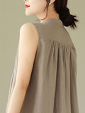 Momentlover Solid Color Pleated Buttoned Sleeveless A-Line Round-Neck Midi Dresses