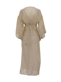 Momentlover Tied Waist Split-Side Solid Color See-Through Three-Quarter Sleeves Loose V-Neck Midi Dresses