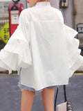 Momentlover Solid Color Ruffled Layered Buttoned Loose Long Sleeves Mock Neck Blouses&Shirts Tops