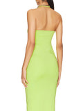 Momentlover Split-Side Split-Joint Solid Color Pleated Backless Sleeveless Skinny Halter-Neck Maxi Dresses