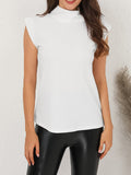 Momentlover Solid Color Hollow Loose Cap Sleeve Mock Neck T-Shirts Tops