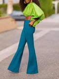 Momentlover Solid Color Puff Sleeves Loose Mock Neck Blouses&Shirts Tops