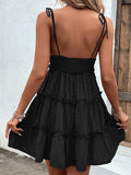 Momentlover A-Line High Waisted Backless Jacquard Solid Color Split-Joint Tied U-Neck Mini Dresses Slip Dress