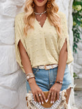 Momentlover Solid Color Jacquard Loose Half Sleeves V-Neck T-Shirts Tops