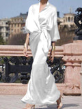 Momentlover Half Sleeves Loose Solid Color V-Neck Maxi Dresses