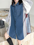 Momentlover Striped Split-Joint Pockets Contrast Color Buttoned Loose Long Sleeves Lapel Blouses&Shirts Tops