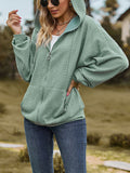 Long Sleeves Loose Drawstring Hooded Pockets Solid Color Zipper V-Neck Outerwear