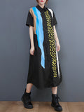 Momentlover Artistic Retro Short Sleeves Loose Contrast Color Polka-Dot Lapel Collar Midi Shirt Dress