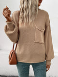 Momentlover Split-Joint Solid Color Pockets Loose Long Sleeves Round-Neck Sweater Tops Pullovers