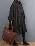 Momentlover Solid Color Pockets Buttoned Loose Long Sleeves Hooded Woolen Coat