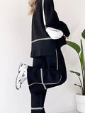 Momentlover Round-Neck High-Low Contrast Color Split-Side Sweater Top + High Waisted Pants Bottom Two Pieces Set