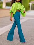 Momentlover Solid Color Puff Sleeves Loose Mock Neck Blouses&Shirts Tops