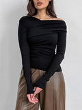 Momentlover Solid Color Asymmetric Skinny Long Sleeves Asymmetric Collar T-Shirts Tops