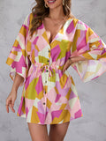 Momentlover Printed Drawstring Buttoned Loose Half Sleeves V-Neck Mini Dresses