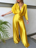 Momentlover Asymmetric Solid Color Deep V-Neck Jumpsuits