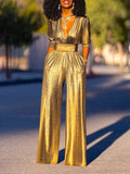 Momentlover High Waisted Three-Quarter Sleeves Shiny Solid Color Deep V-Neck Jumpsuits Bottoms