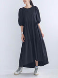 Momentlover Half Sleeves Puff Sleeves Breathable See-Through Solid Color Round-Neck Midi Dresses