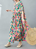 Momentlover Split-Joint Printed Polka-Dot Pleated Loose Half Sleeves Round-Neck Midi Dresses