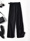 Momentlover Simple Ramie Cotton Solid Color Loose Ninth Wide-Leg Pants