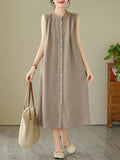 Momentlover Solid Color Pleated Buttoned Sleeveless A-Line Round-Neck Midi Dresses
