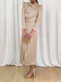 Momentlover Split-Front Solid Color Pleated Long Sleeves High Waisted Mock Neck Maxi Dresses