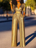 Momentlover High Waisted Three-Quarter Sleeves Shiny Solid Color Deep V-Neck Jumpsuits Bottoms