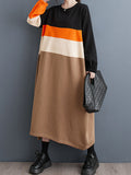 Momentlover Split-Joint Elasticity Contrast Color Puff Sleeves Loose Round-Neck Midi Dresses