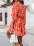 Momentlover Printed Elasticity Double Layered Short Sleeves Loose V-Neck Mini Dresses