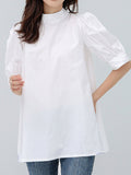 Momentlover Solid Color Pleated Bowknot Loose Half Sleeves Mock Neck Blouses&Shirts Tops