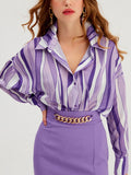Momentlover Striped Contrast Color Loose Long Sleeves Lapel Blouses
