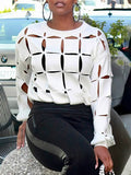 Momentlover Long Sleeves Loose Hollow Solid Color Round-Neck T-Shirts Tops